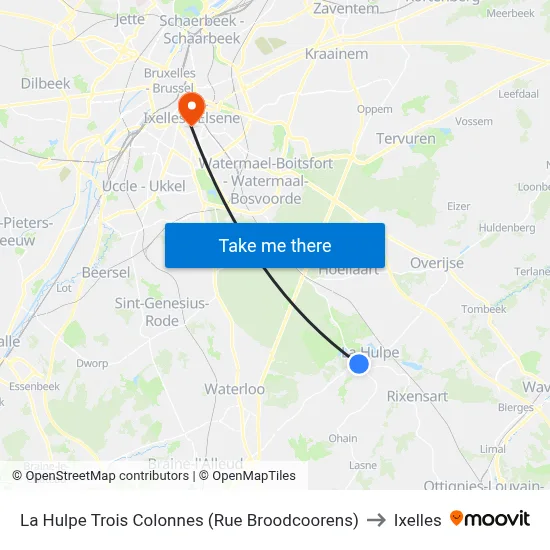 La Hulpe Trois Colonnes (Rue Broodcoorens) to Ixelles map