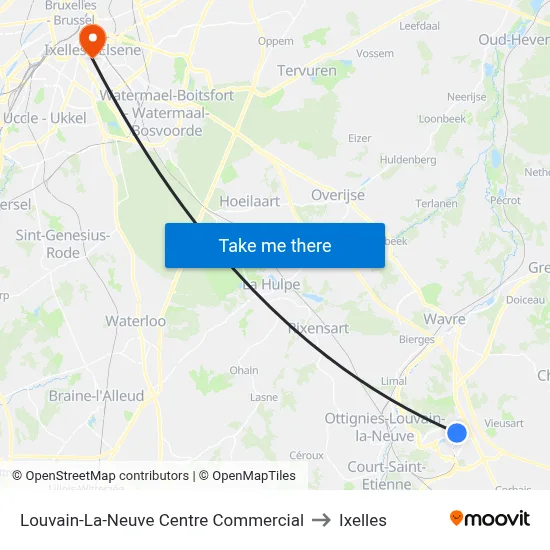 Louvain-La-Neuve Centre Commercial to Ixelles map
