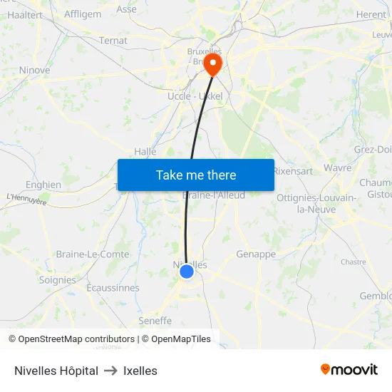Nivelles Hôpital to Ixelles map