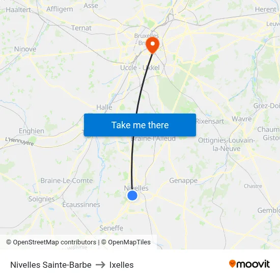 Nivelles Sainte-Barbe to Ixelles map