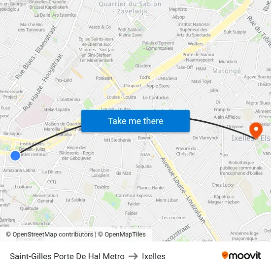 Saint-Gilles Porte De Hal Metro to Ixelles map