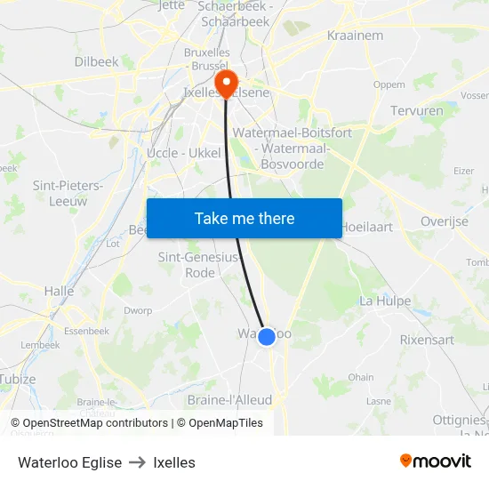 Waterloo Eglise to Ixelles map