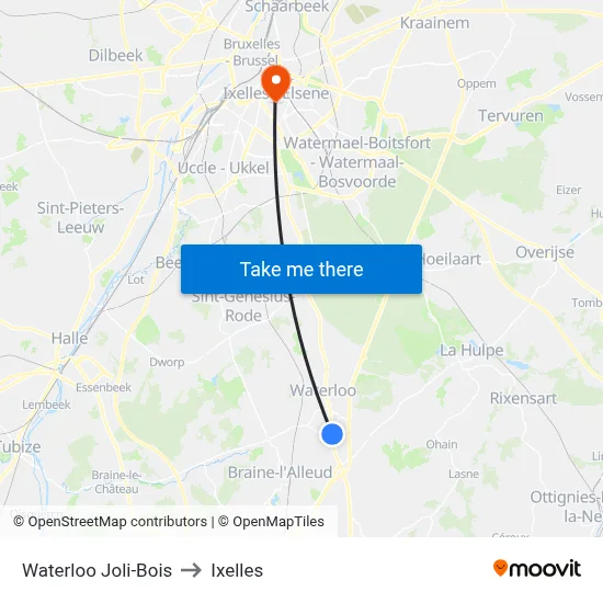 Waterloo Joli-Bois to Ixelles map