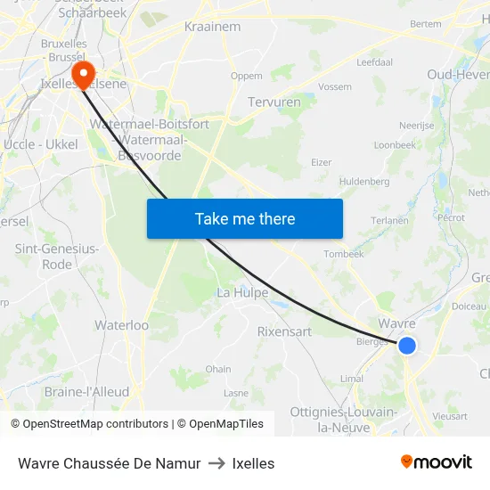 Wavre Namur Road to Ixelles map