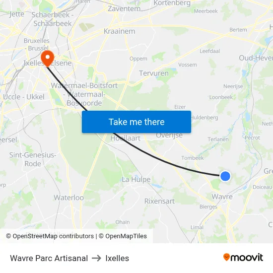 Wavre Parc Artisanal to Ixelles map