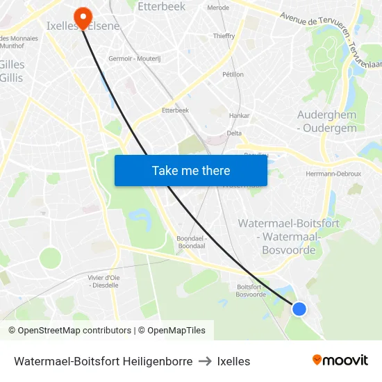 Watermael-Boitsfort Heiligenborre to Ixelles map