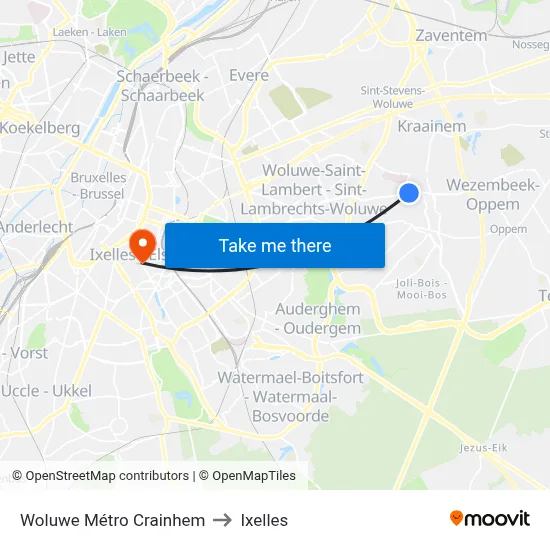 Woluwe Métro Crainhem to Ixelles map