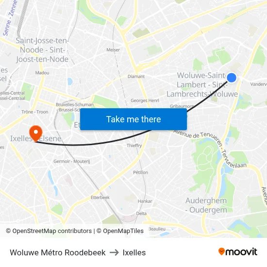 Woluwe Métro Roodebeek to Ixelles map