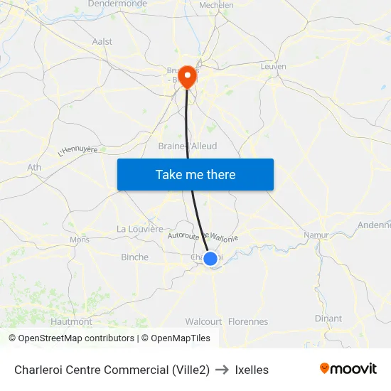 Charleroi Centre Commercial (Ville2) to Ixelles map