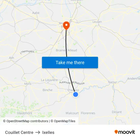 Couillet Centre to Ixelles map