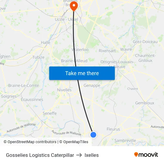 Gosselies Logistics Caterpillar to Ixelles map
