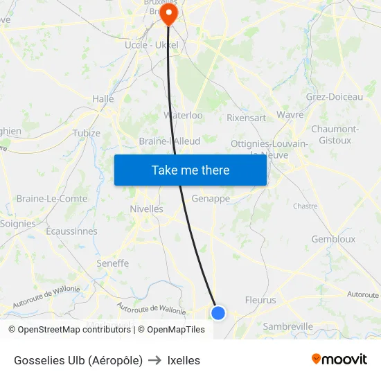 Gosselies Ulb (Aéropôle) to Ixelles map