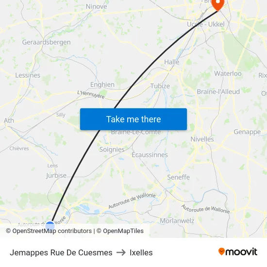 Jemappes Rue De Cuesmes to Ixelles map