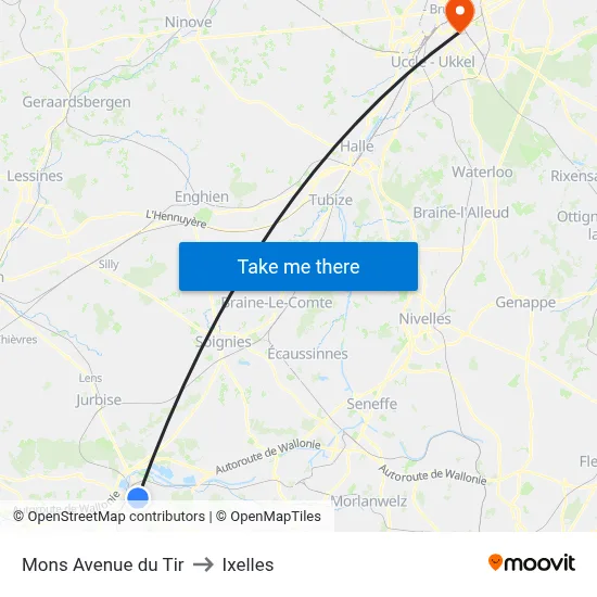 Mons Avenue du Tir to Ixelles map