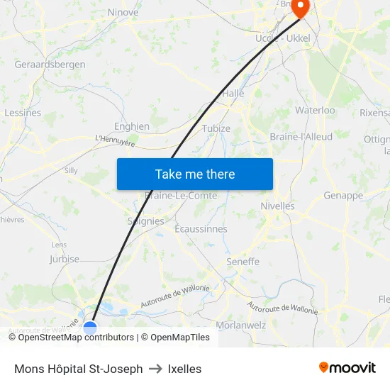 Mons Hôpital St-Joseph to Ixelles map