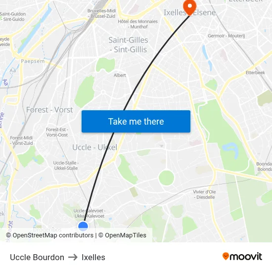 Uccle Bourdon to Ixelles map