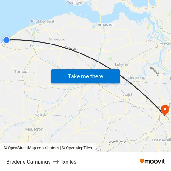 Bredene Campings to Ixelles map