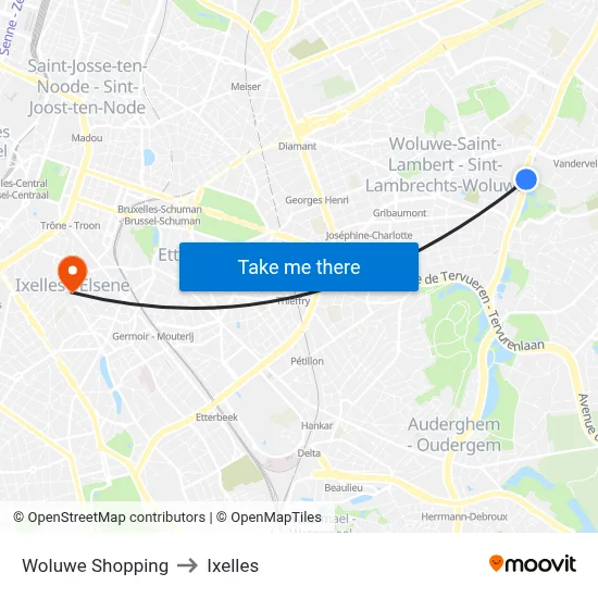 Woluwe Shopping to Ixelles map