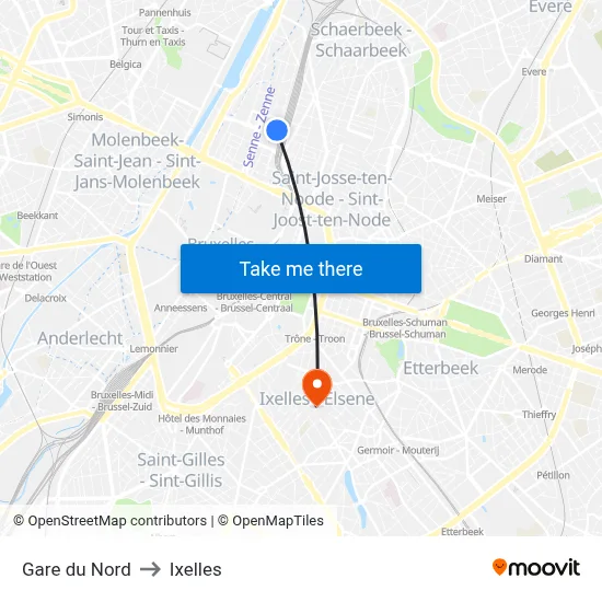 Gare du Nord to Ixelles map