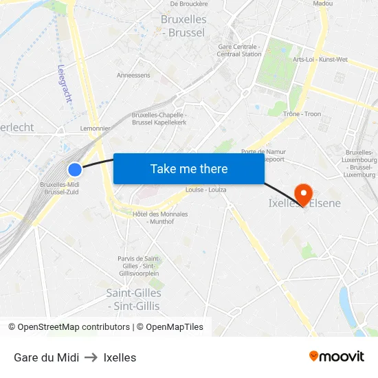 Gare du Midi to Ixelles map
