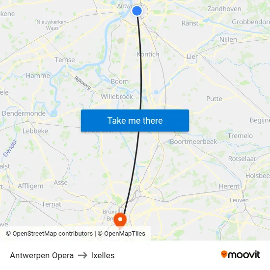 Antwerpen Opera to Ixelles map