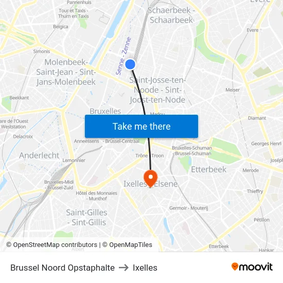 Brussel Noord Opstaphalte to Ixelles map