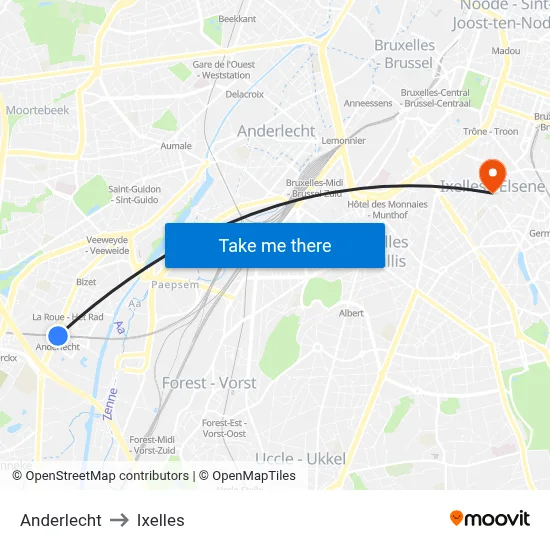 Anderlecht to Ixelles map