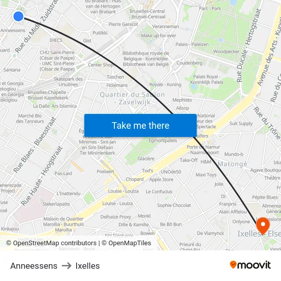 Anneessens to Ixelles map