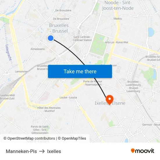 Manneken-Pis to Ixelles map