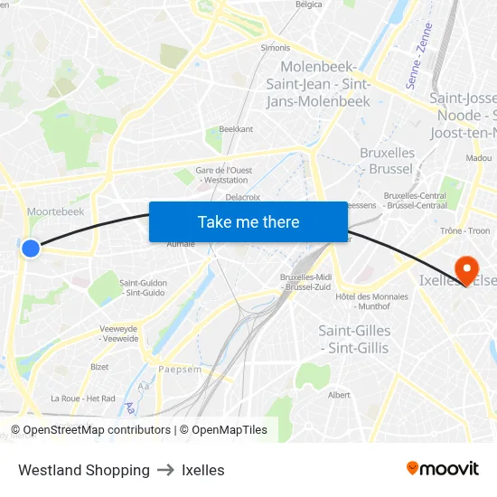 Westland Shopping to Ixelles map