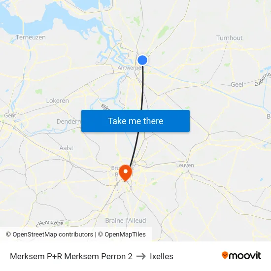 Merksem P+R Merksem Perron 2 to Ixelles map