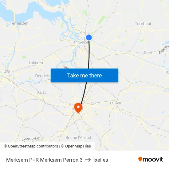 Merksem P+R Merksem Perron 3 to Ixelles map