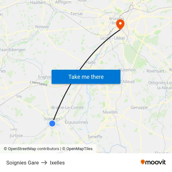 Soignies Gare to Ixelles map