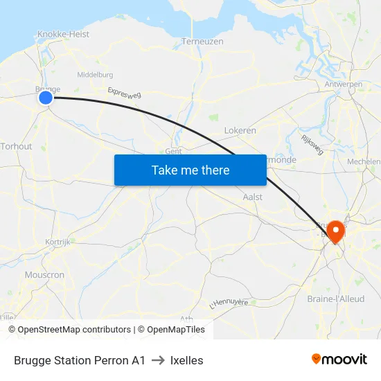 Brugge Station Perron A1 to Ixelles map