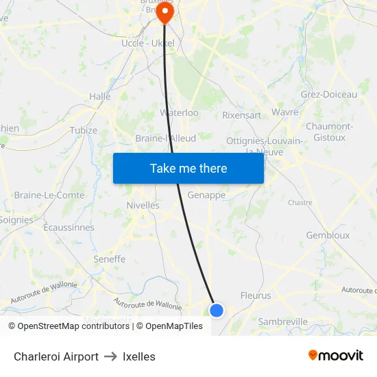 Charleroi Airport to Ixelles map