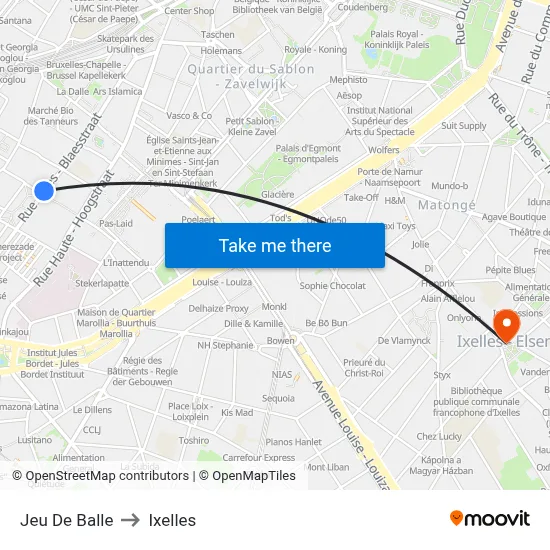Jeu De Balle to Ixelles map