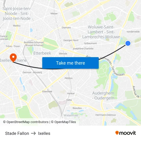 Stade Fallon to Ixelles map