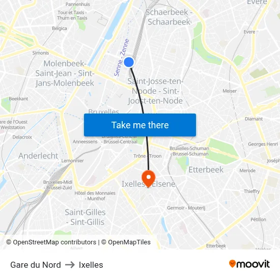 Gare du Nord to Ixelles map