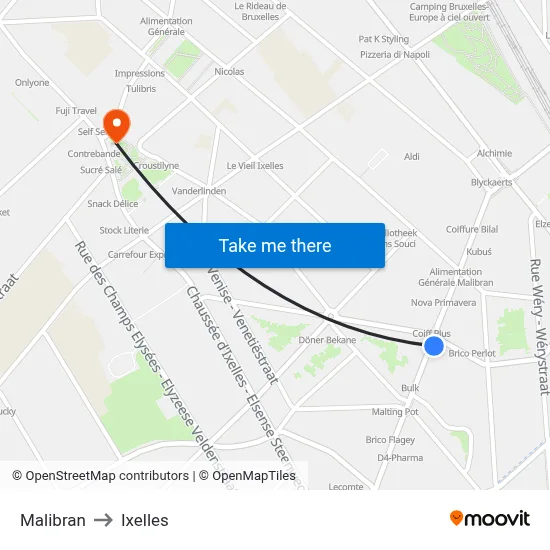 Malibran to Ixelles map