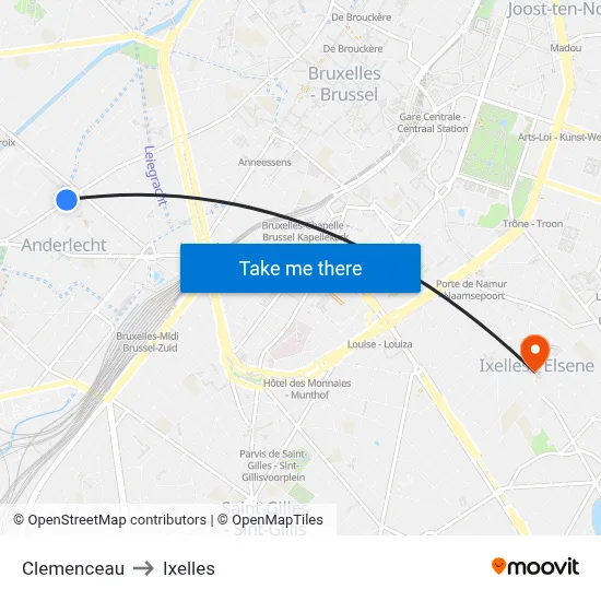 Clemenceau to Ixelles map