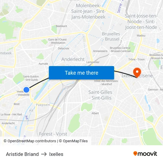 Aristide Briand to Ixelles map