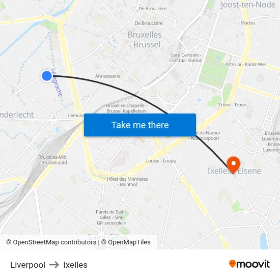Liverpool to Ixelles map