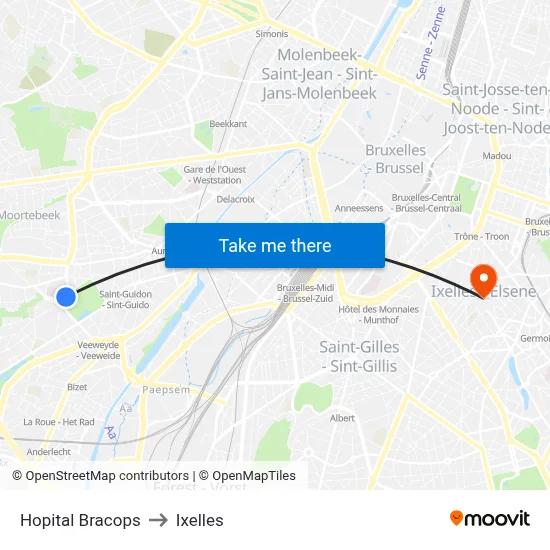 Hopital Bracops to Ixelles map