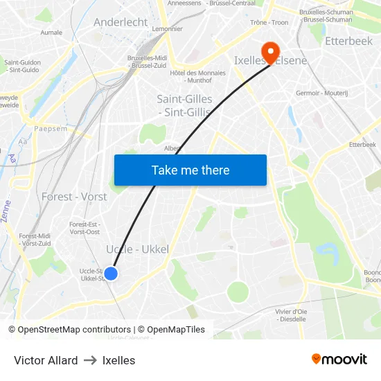 Victor Allard to Ixelles map