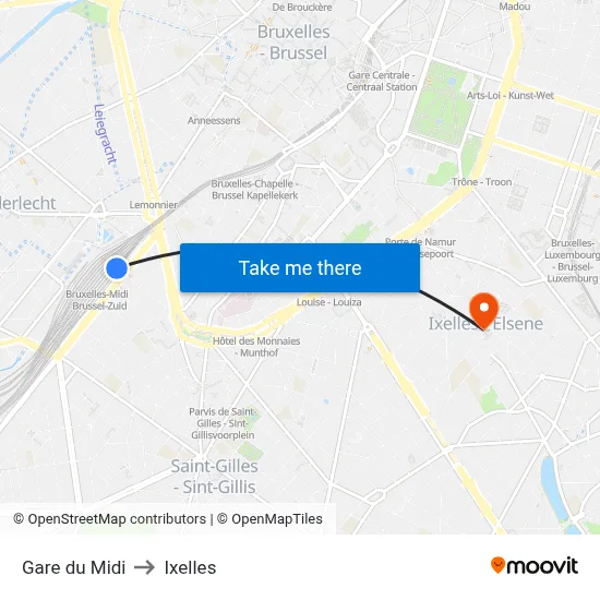 Gare du Midi to Ixelles map