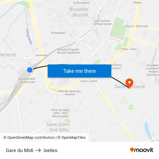 Gare du Midi to Ixelles map