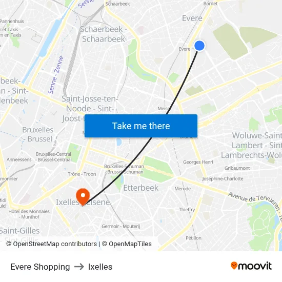 Evere Shopping to Ixelles map