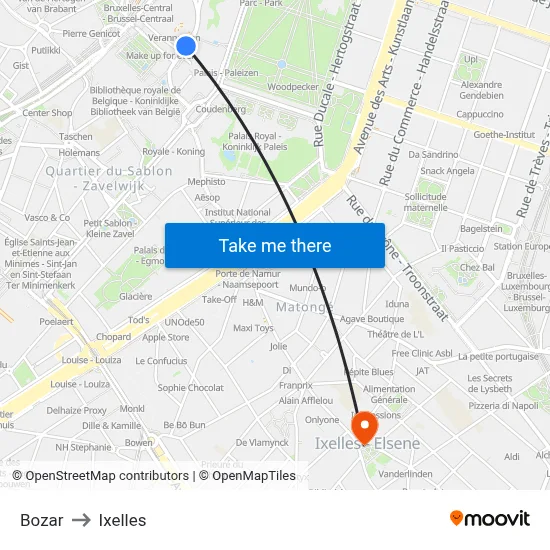 Bozar to Ixelles map