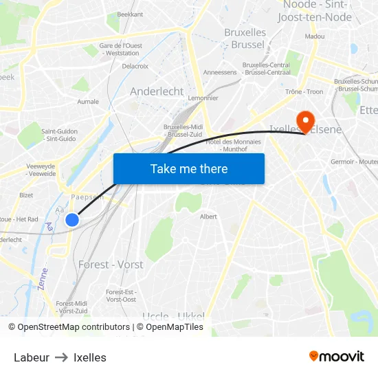 Labeur to Ixelles map