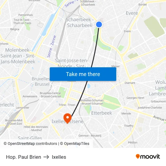 Hop. Paul Brien to Ixelles map